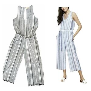 Cloth & Stone Linen Blend Striped Jumpsuit Size S Gray White Cropped Wide Leg